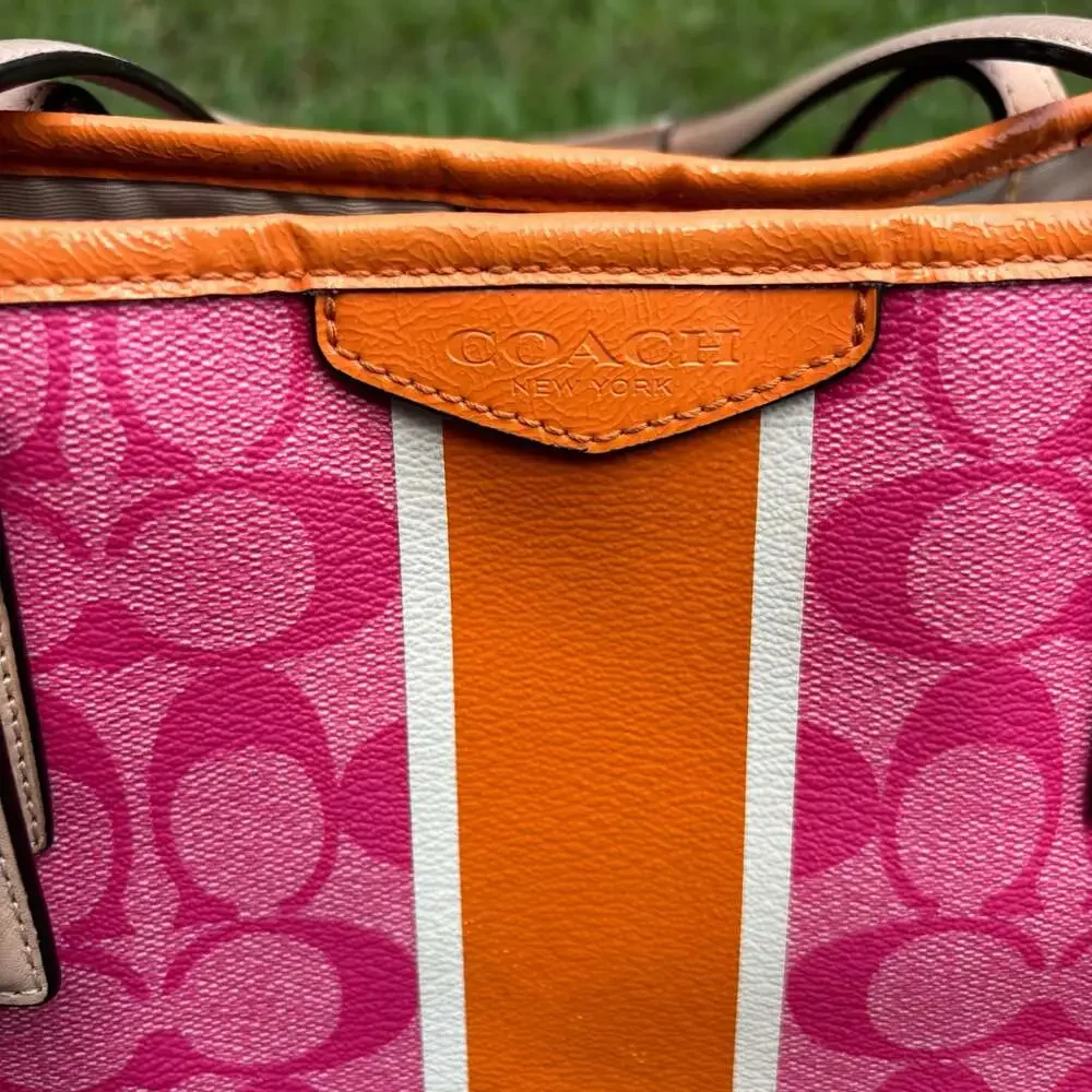 Coach Signature Canvas Drawstring Tote in Pink and Orange